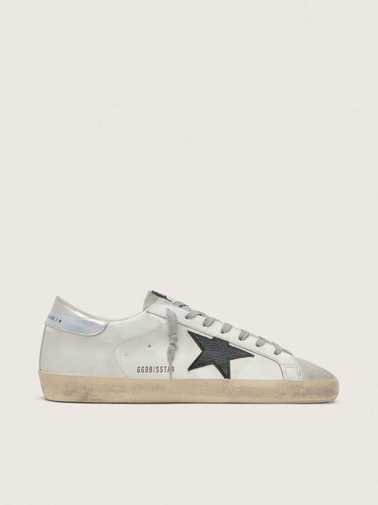 Super-Star en cuir blanc avec étoile en cuir nubuck noir et contrefort en cuir lamé argenté
