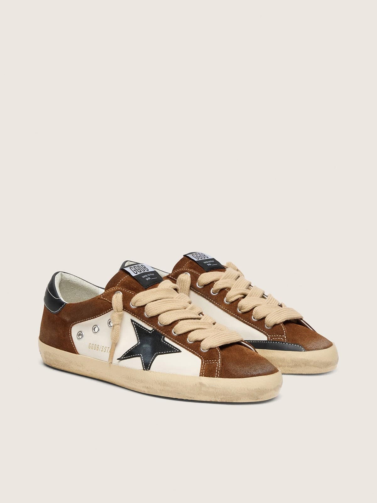 Super-Star homme en cuir blanc et cuir velours marron avec étoile en cuir noir