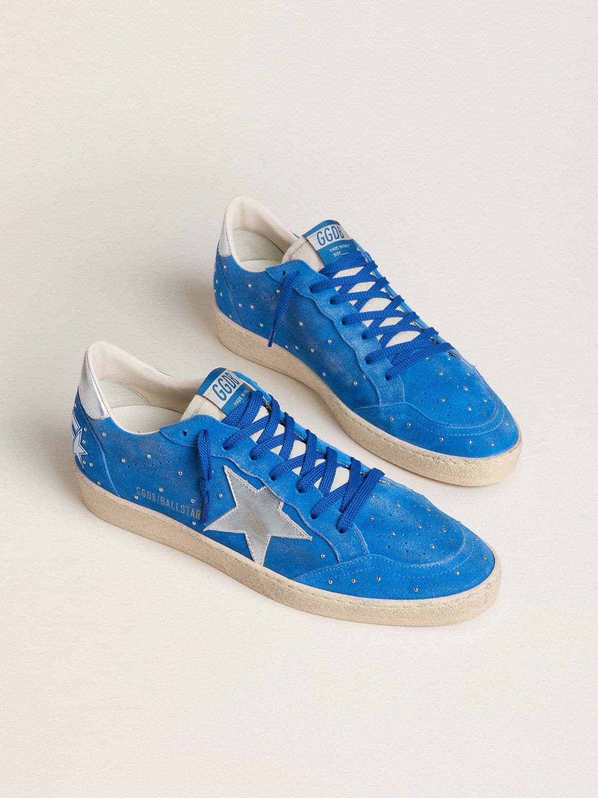 Ball Star pour homme en cuir velours bleu ciel avec cabochons et étoile en cuir lamé argenté