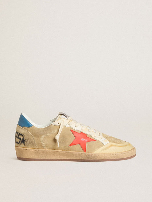 Ball Star pour homme en cuir velours beige avec étoile en cuir corail et contrefort en cuir nappa bleu