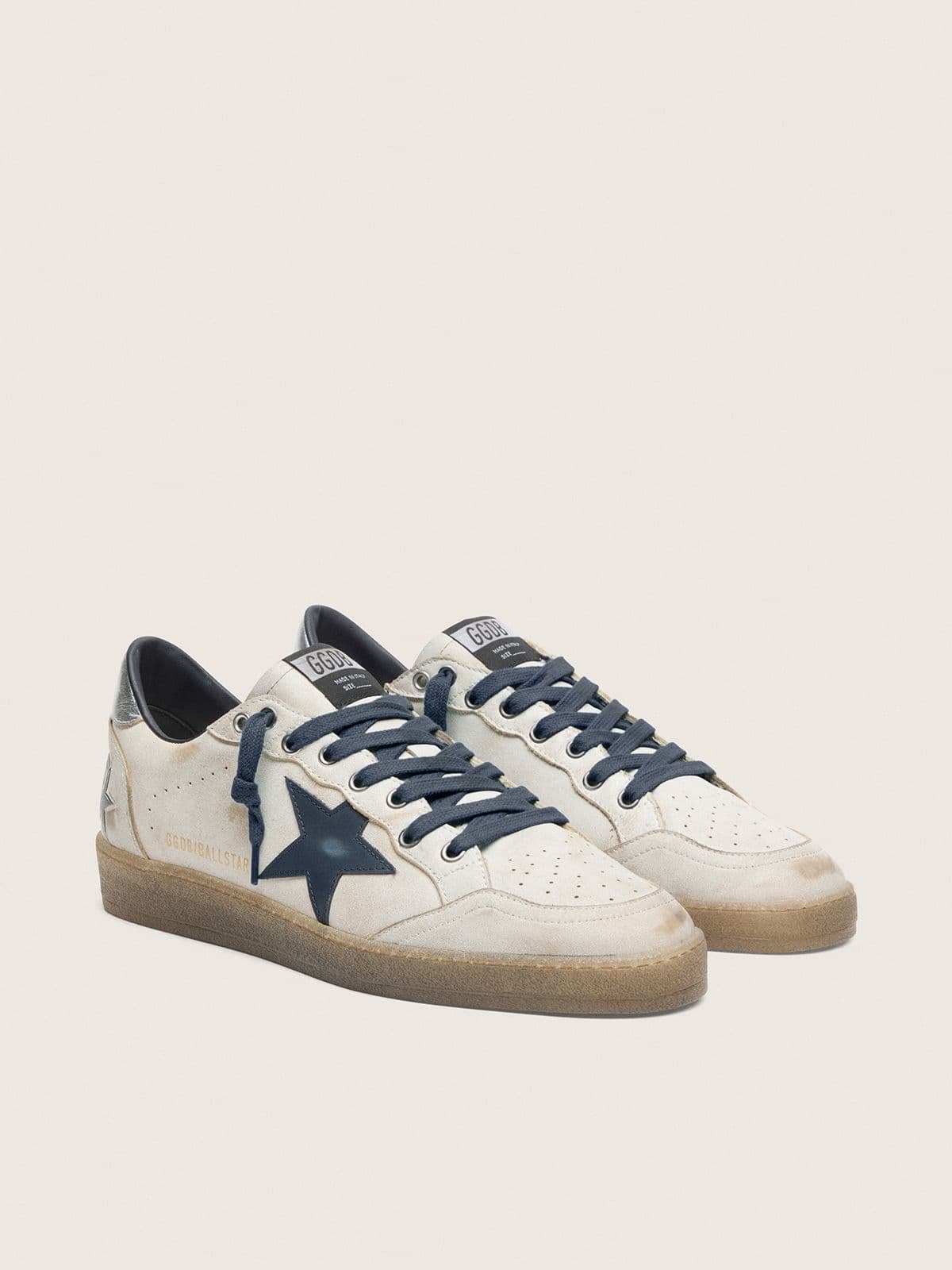 Ball Star homme en cuir blanc avec étoile en cuir bleu foncé et empiècement en cuir lamé argenté