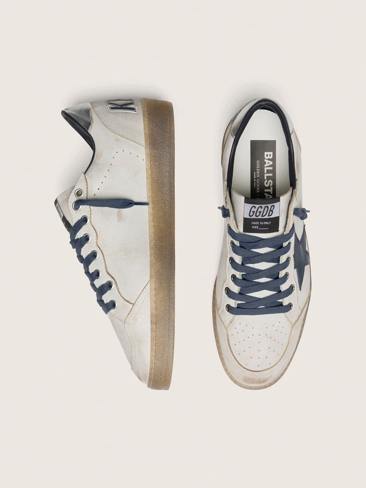 Ball Star homme en cuir blanc avec étoile en cuir bleu foncé et empiècement en cuir lamé argenté