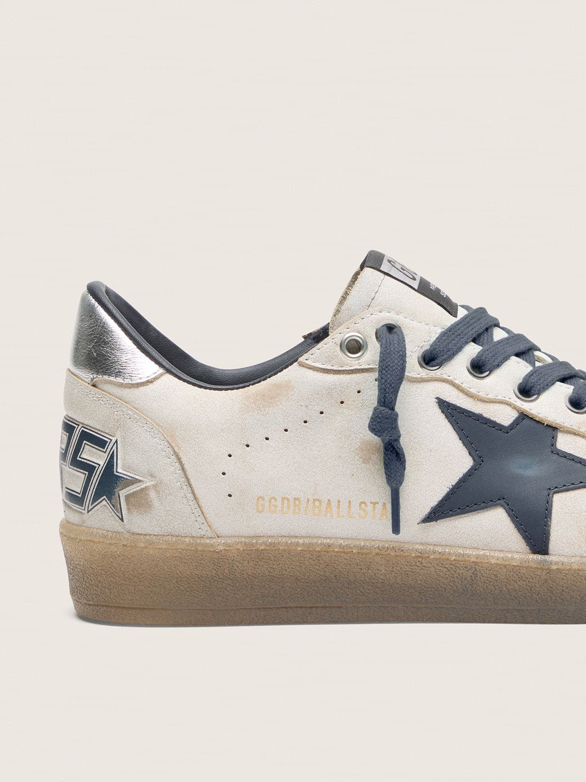 Ball Star homme en cuir blanc avec étoile en cuir bleu foncé et empiècement en cuir lamé argenté