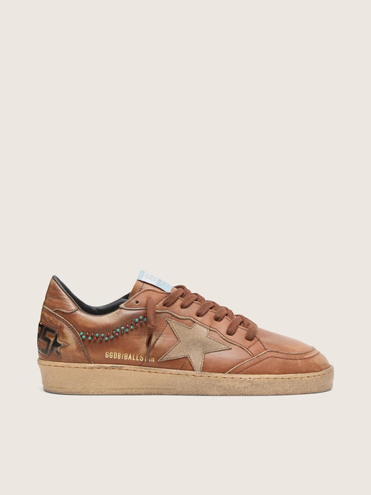 Ball Star homme en cuir marron avec étoile en cuir velours beige et perles appliquées
