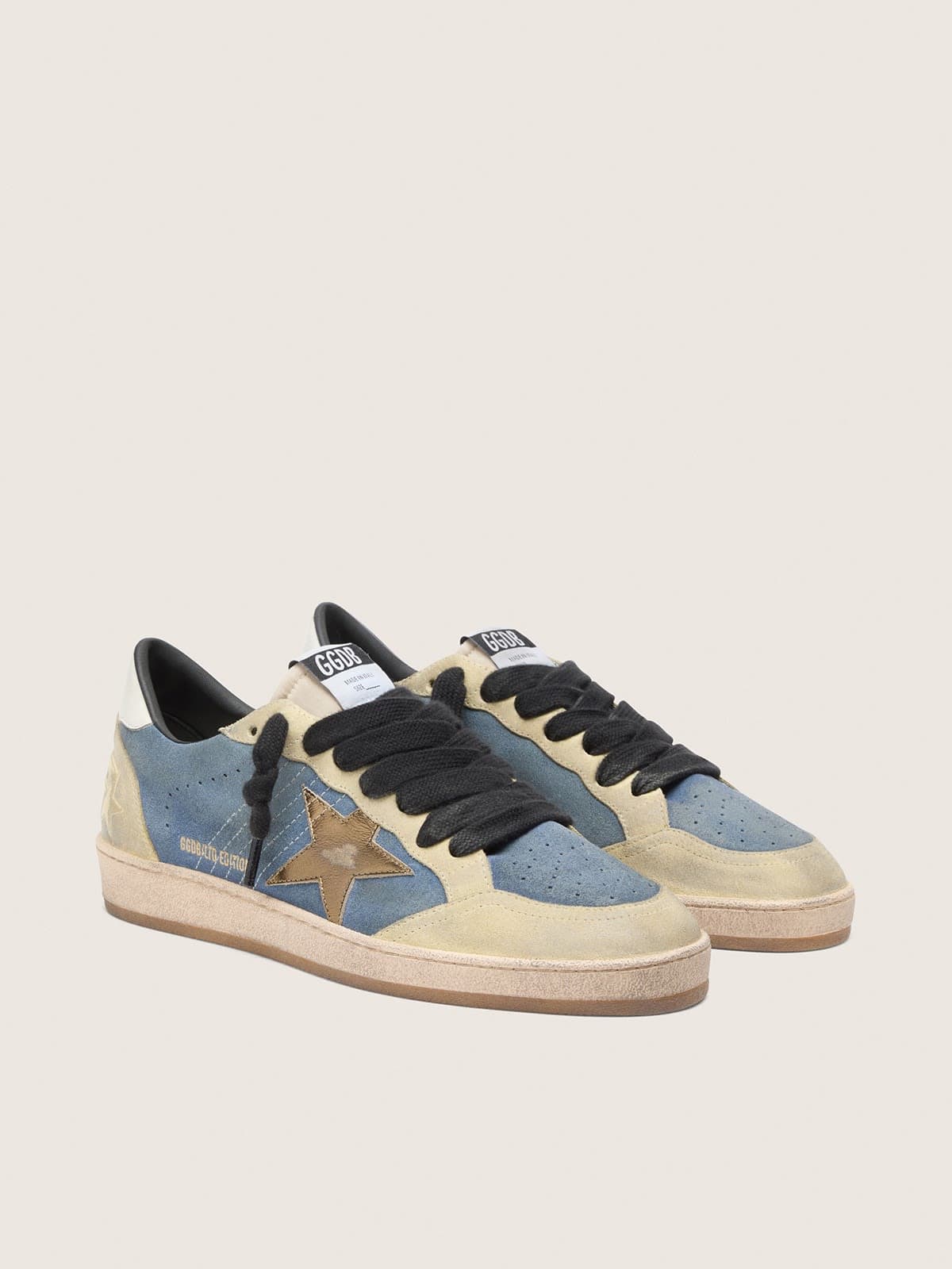 Ball Star LTD homme en cuir velours bleu denim et beige avec étoile en cuir lamé doré