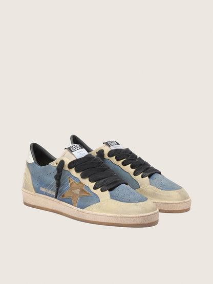 Ball Star LTD homme en cuir velours bleu denim et beige avec étoile en cuir lamé doré