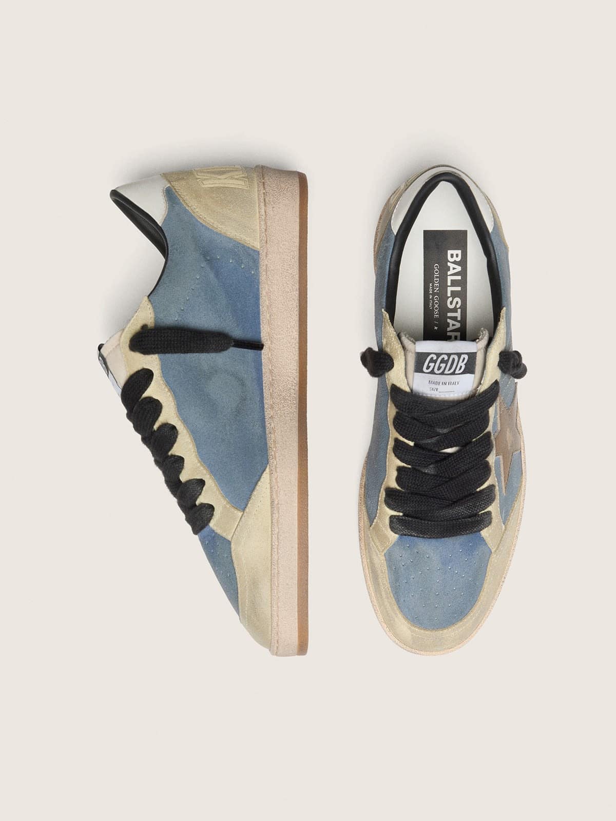 Ball Star LTD homme en cuir velours bleu denim et beige avec étoile en cuir lamé doré