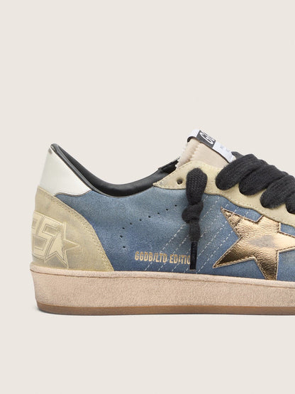 Ball Star LTD homme en cuir velours bleu denim et beige avec étoile en cuir lamé doré