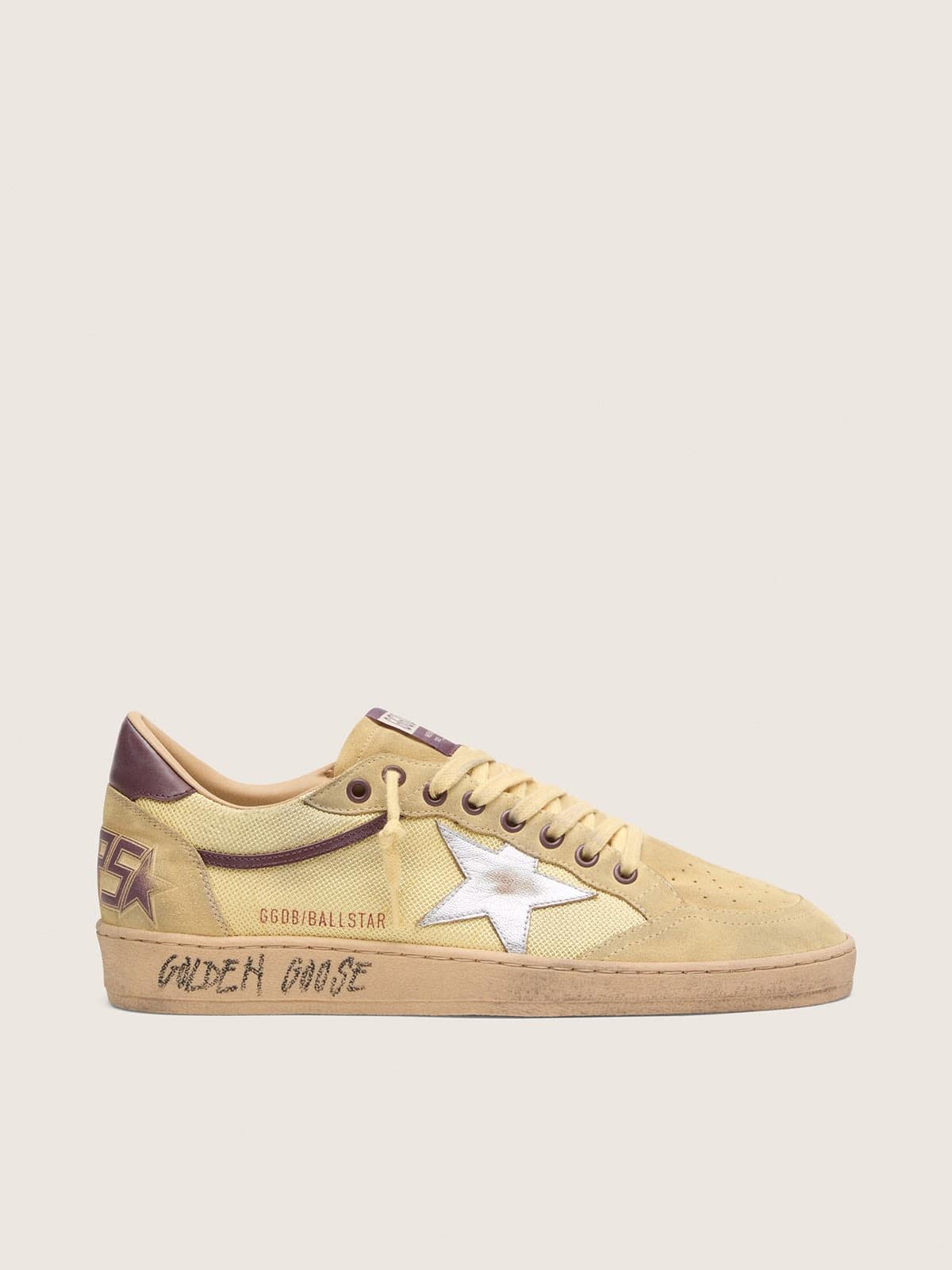 Ball Star homme en cuir velours jaune avec étoile argentée et empiècements en résille jaune