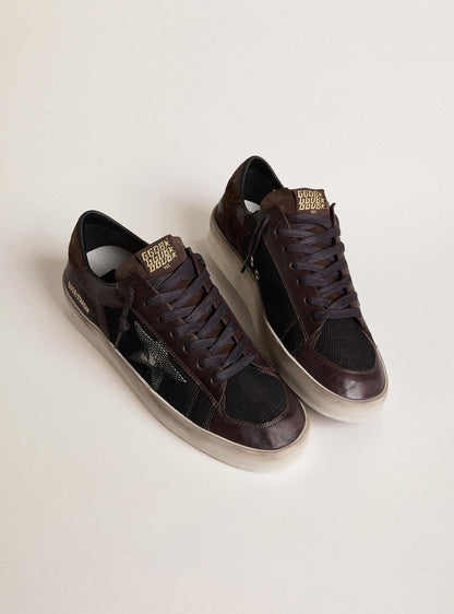 Stardan pour homme en cuir velours marron et résille noire avec étoile en cuir blanc et empiècements en cuir nappa