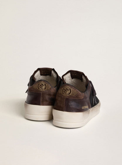 Stardan pour homme en cuir velours marron et résille noire avec étoile en cuir blanc et empiècements en cuir nappa