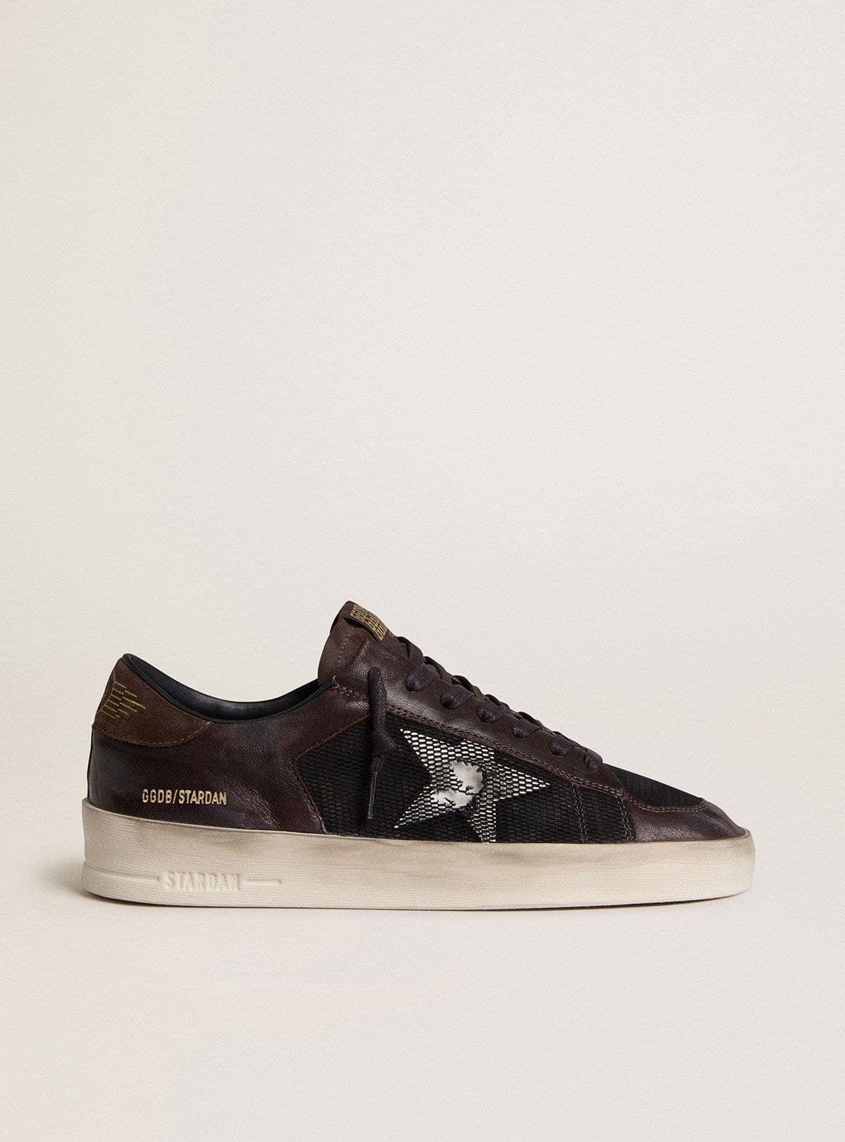 Stardan pour homme en cuir velours marron et résille noire avec étoile en cuir blanc et empiècements en cuir nappa