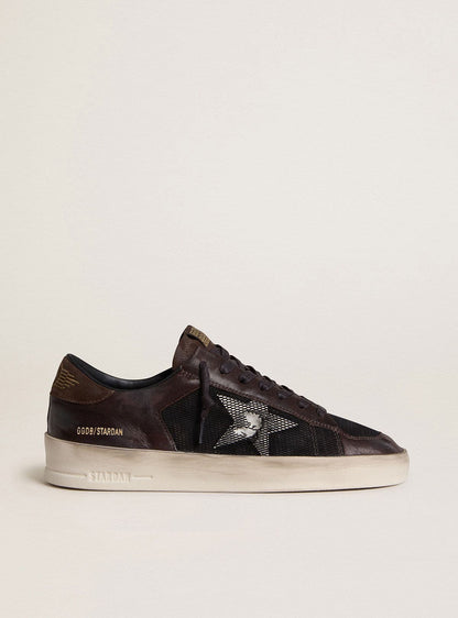 Stardan pour homme en cuir velours marron et résille noire avec étoile en cuir blanc et empiècements en cuir nappa