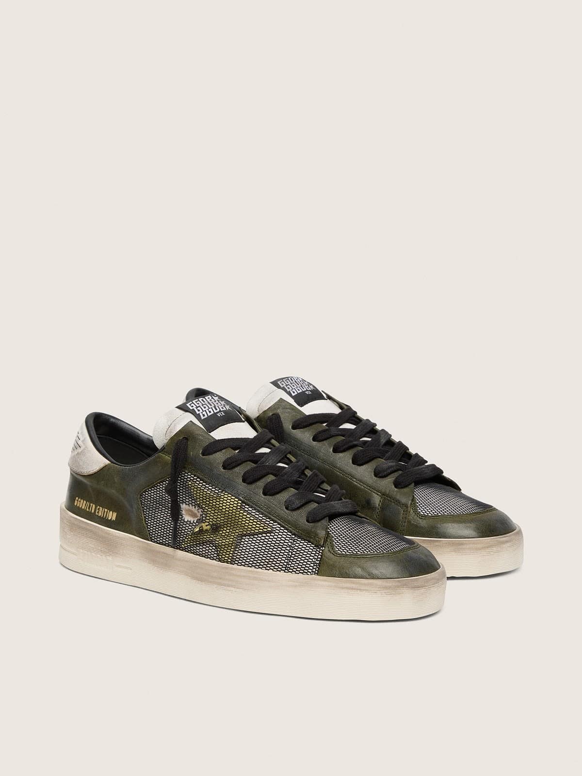 Stardan LTD homme en cuir blanc et vert olive avec résille noire et étoile en cuir jaune