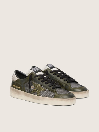 Stardan LTD homme en cuir blanc et vert olive avec résille noire et étoile en cuir jaune