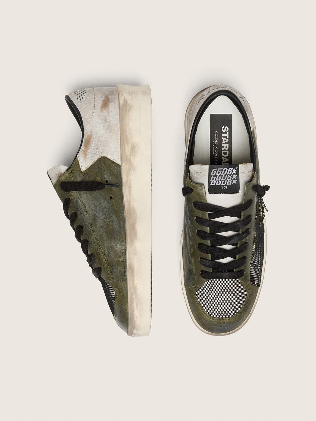 Stardan LTD homme en cuir blanc et vert olive avec résille noire et étoile en cuir jaune