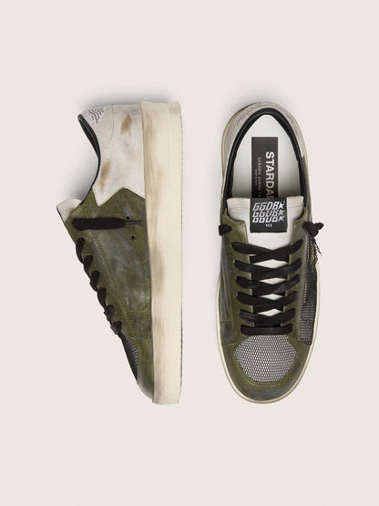 Stardan LTD homme en cuir blanc et vert olive avec résille noire et étoile en cuir jaune