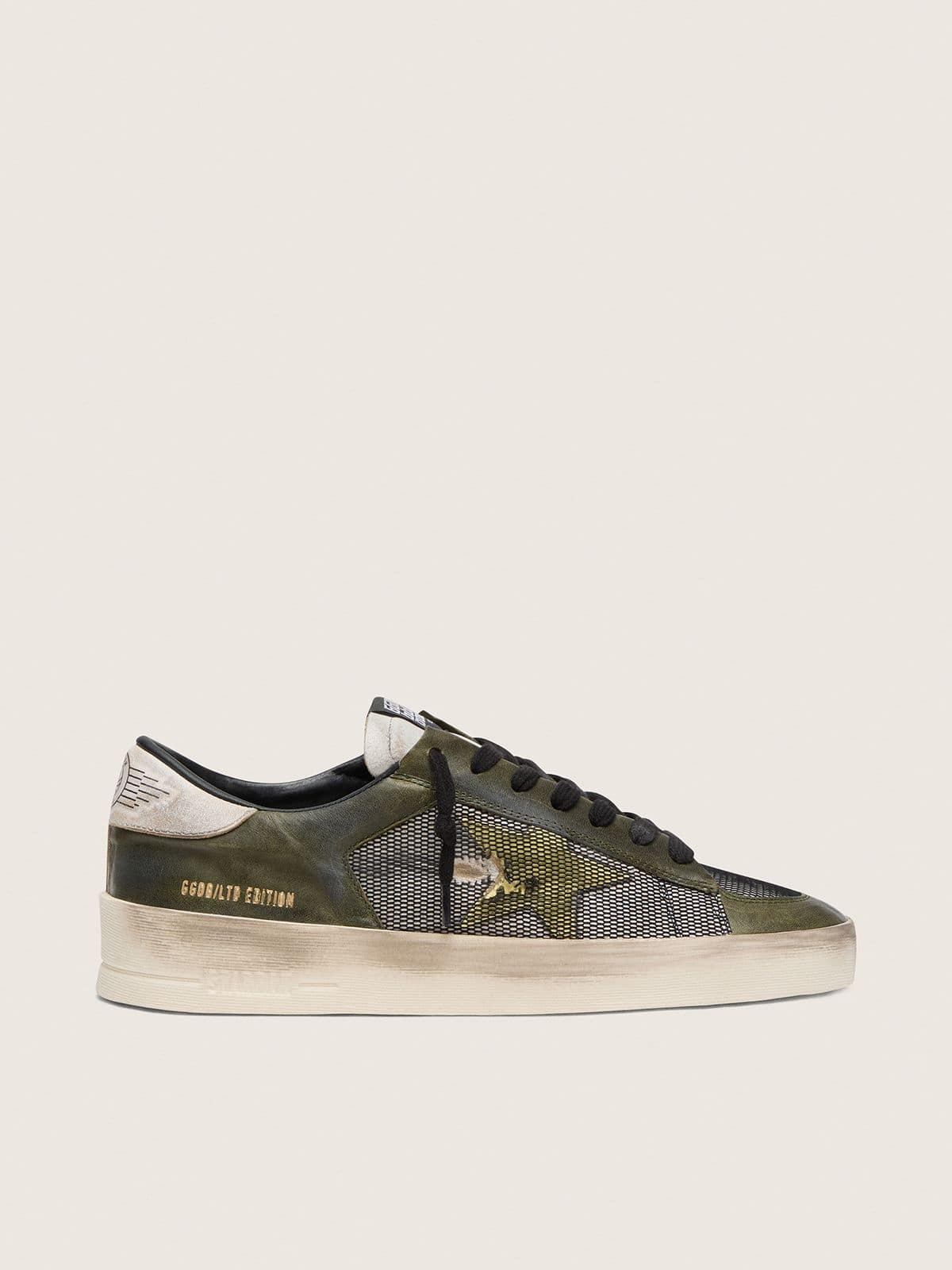 Stardan LTD homme en cuir blanc et vert olive avec résille noire et étoile en cuir jaune