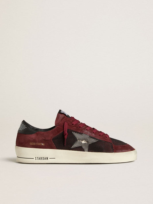 Stardan pour homme en résille noire et cuir velours bordeaux avec étoile en cuir blanc