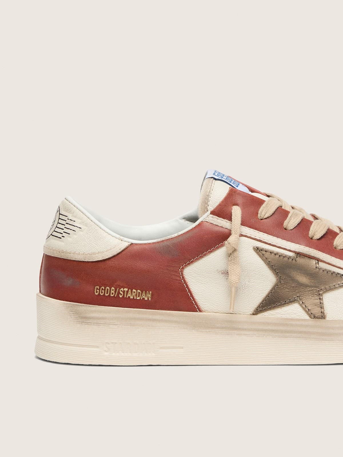 Stardan homme en cuir blanc et brique avec étoile en cuir lamé vert olive