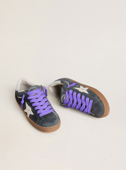 Super-Star pour homme en cuir velours gris avec étoile en cuir blanc et contrefort en cuir argenté