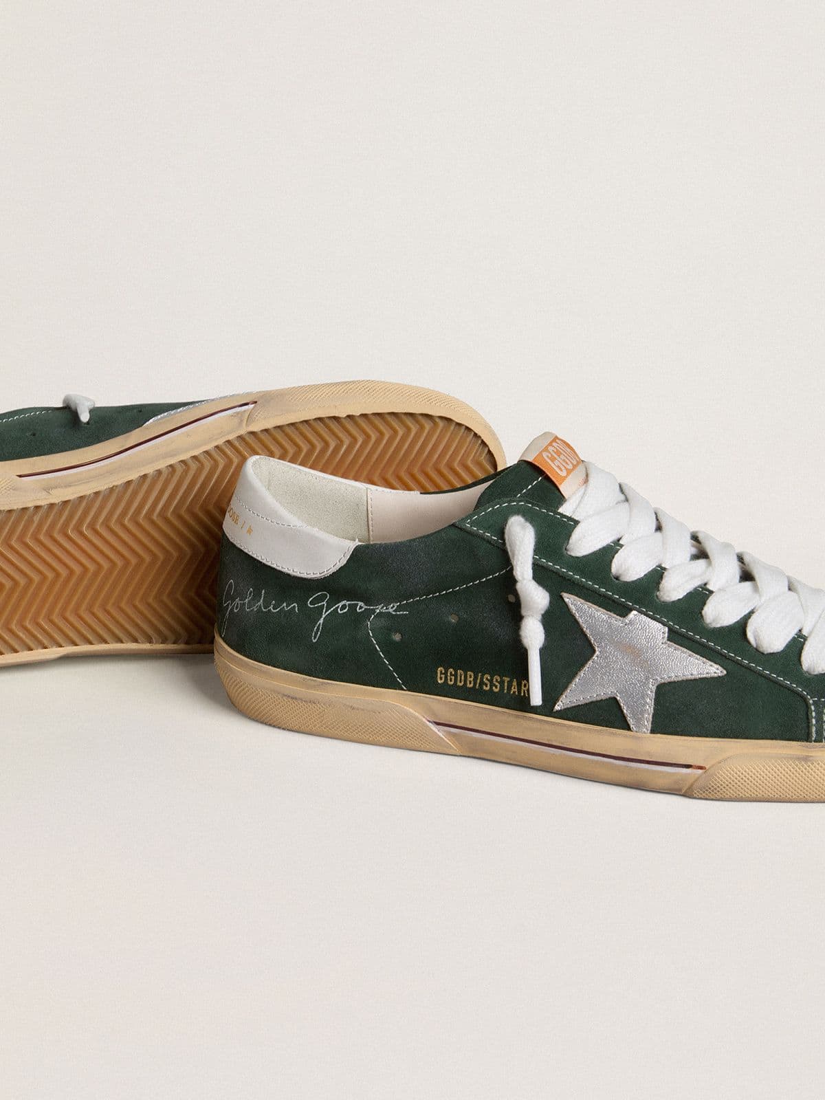 Super-Star pour homme en cuir velours vert avec étoile en cuir lamé argenté et contrefort en cuir