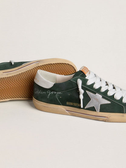 Super-Star pour homme en cuir velours vert avec étoile en cuir lamé argenté et contrefort en cuir