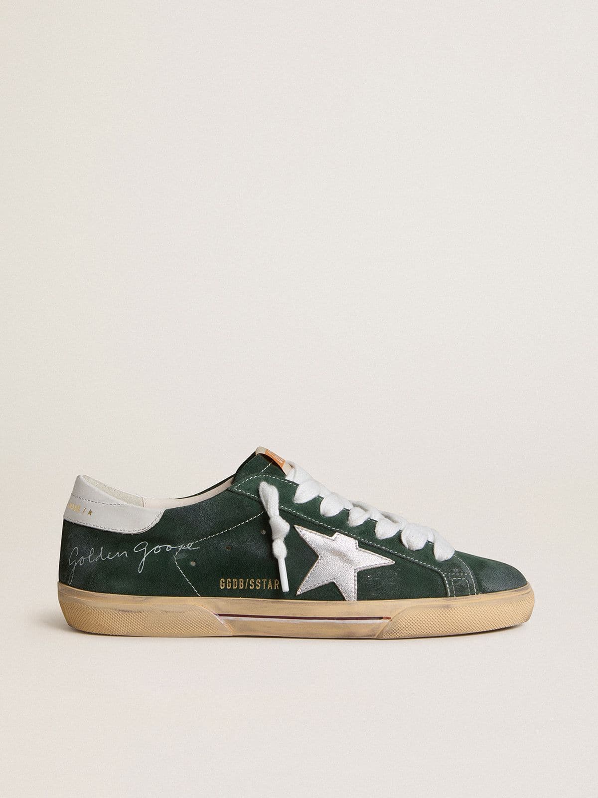Super-Star pour homme en cuir velours vert avec étoile en cuir lamé argenté et contrefort en cuir