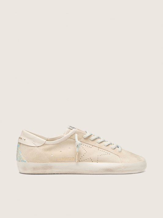 Super-Star homme en cuir velours crème avec étoile ajourée et empiècement avec perles
