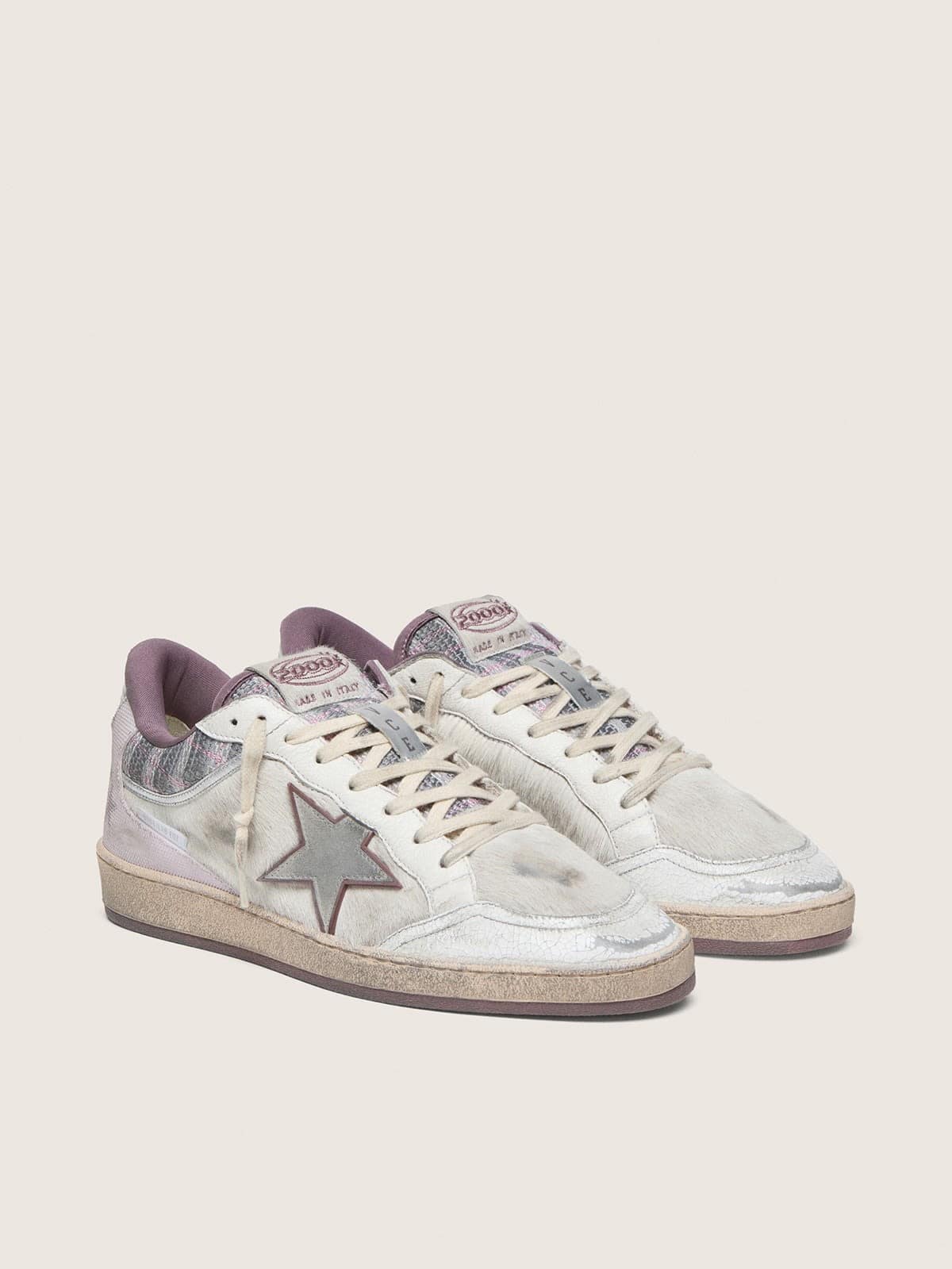 Ball Star LAB homme en nylon et cuir façon poulain blanc avec étoile argentée et empiècements lilas