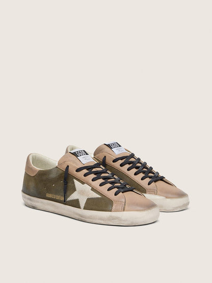 Super-Star LTD pour homme en cuir velours vert olive avec étoile brodée crème