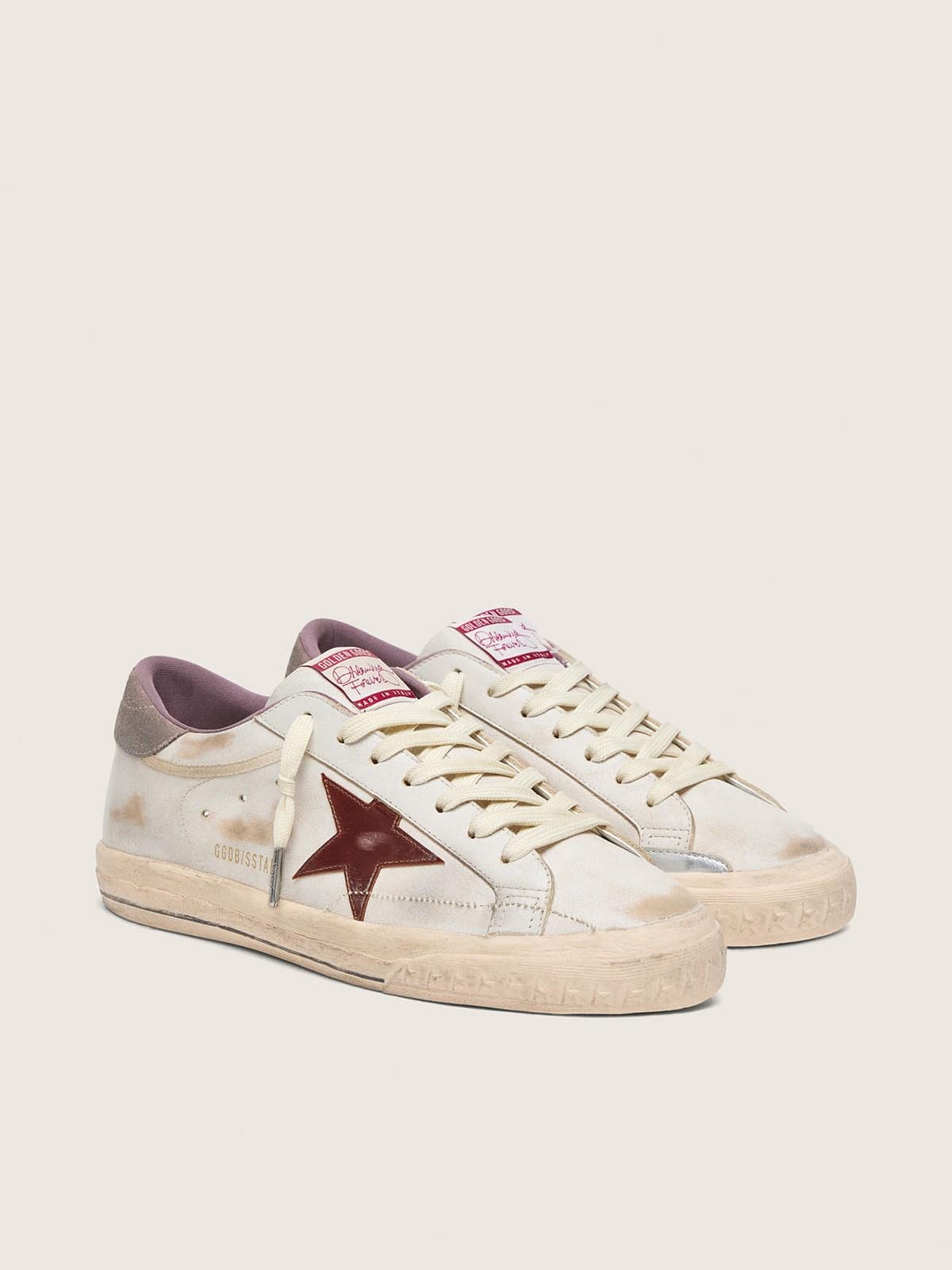 Super-Star homme en cuir blanc avec étoile en cuir lamé bordeaux