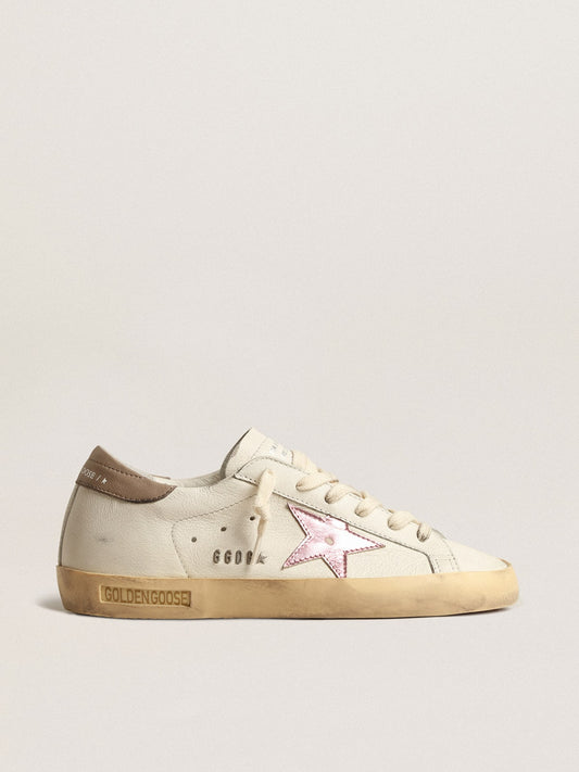 Super-Star pour femme en cuir nappa blanc avec étoile en cuir métallisé rose