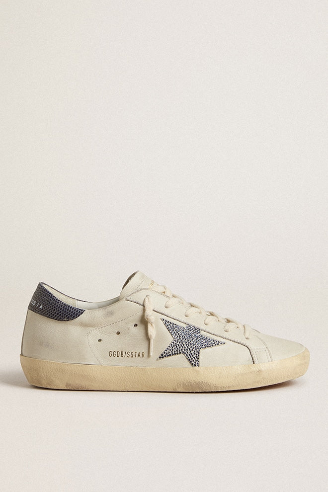 Super-Star avec étoile en cuir crème ornée de cristaux Swarovski et contrefort en cuir bleu à imprimé lézard