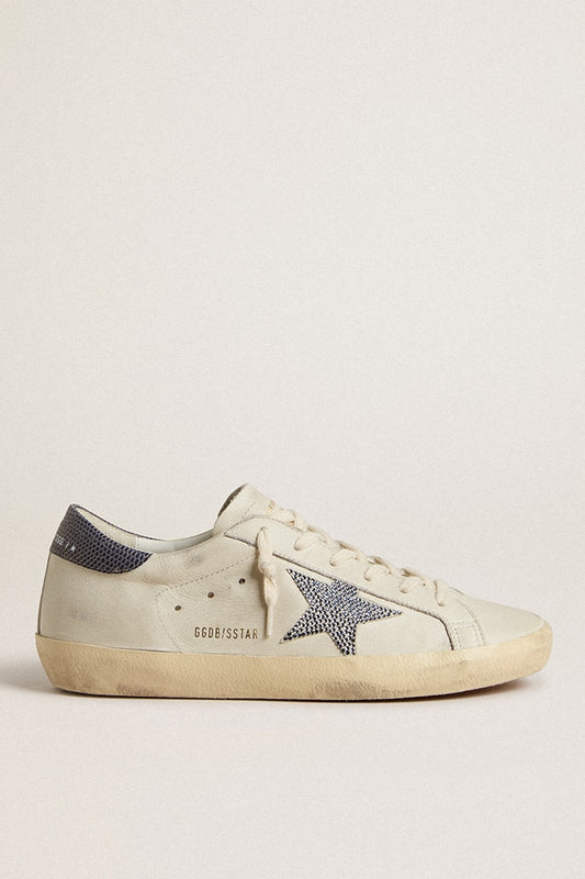 Super-Star avec étoile en cuir crème ornée de cristaux Swarovski et contrefort en cuir bleu à imprimé lézard