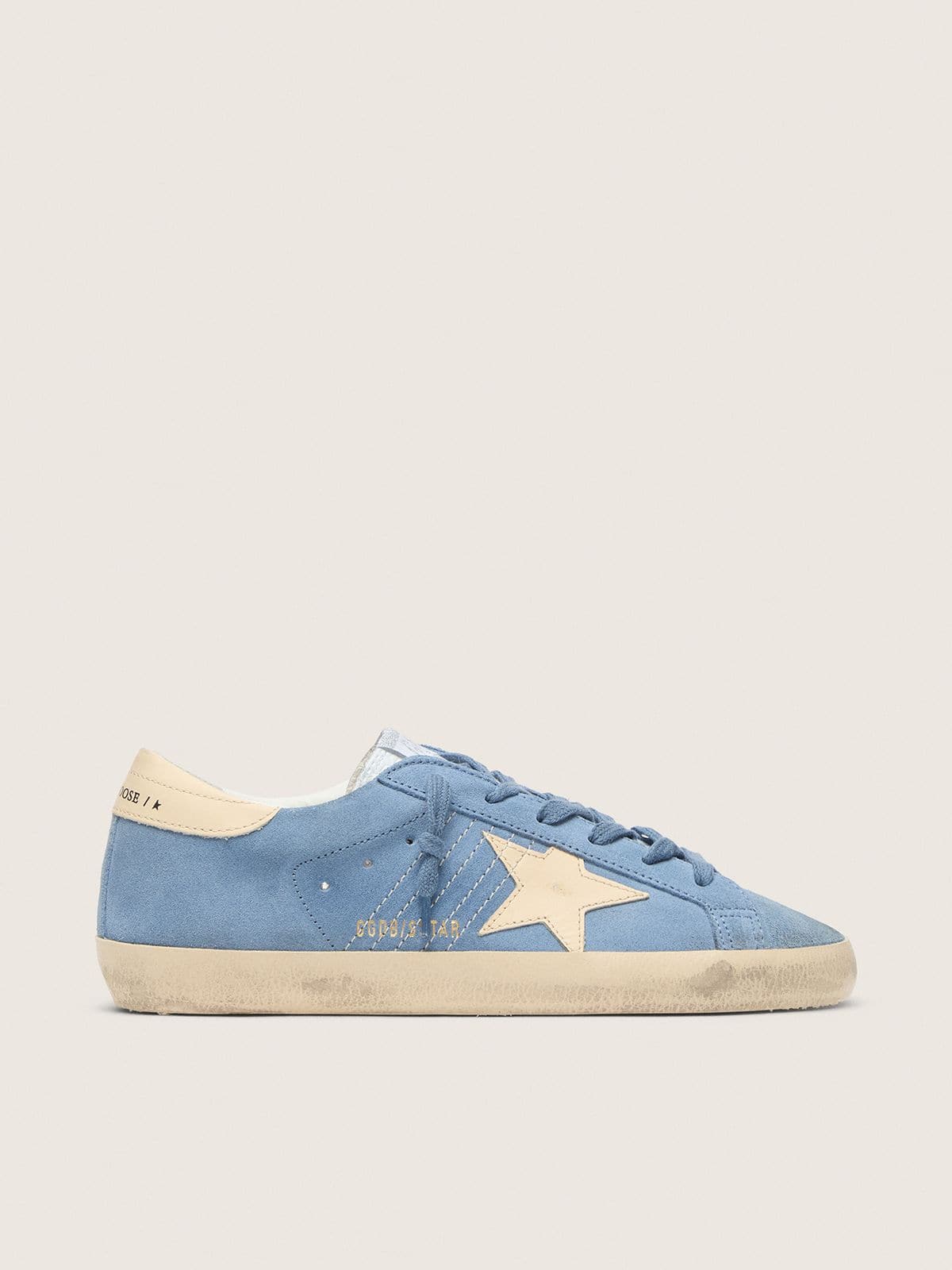 Super-Star en daim bleu clair avec étoile et contrefort en cuir beige