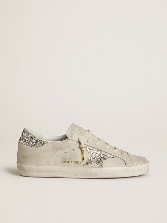 Super-Star pour femme en cuir nappa ivoire avec étoile et contrefort à paillettes platine