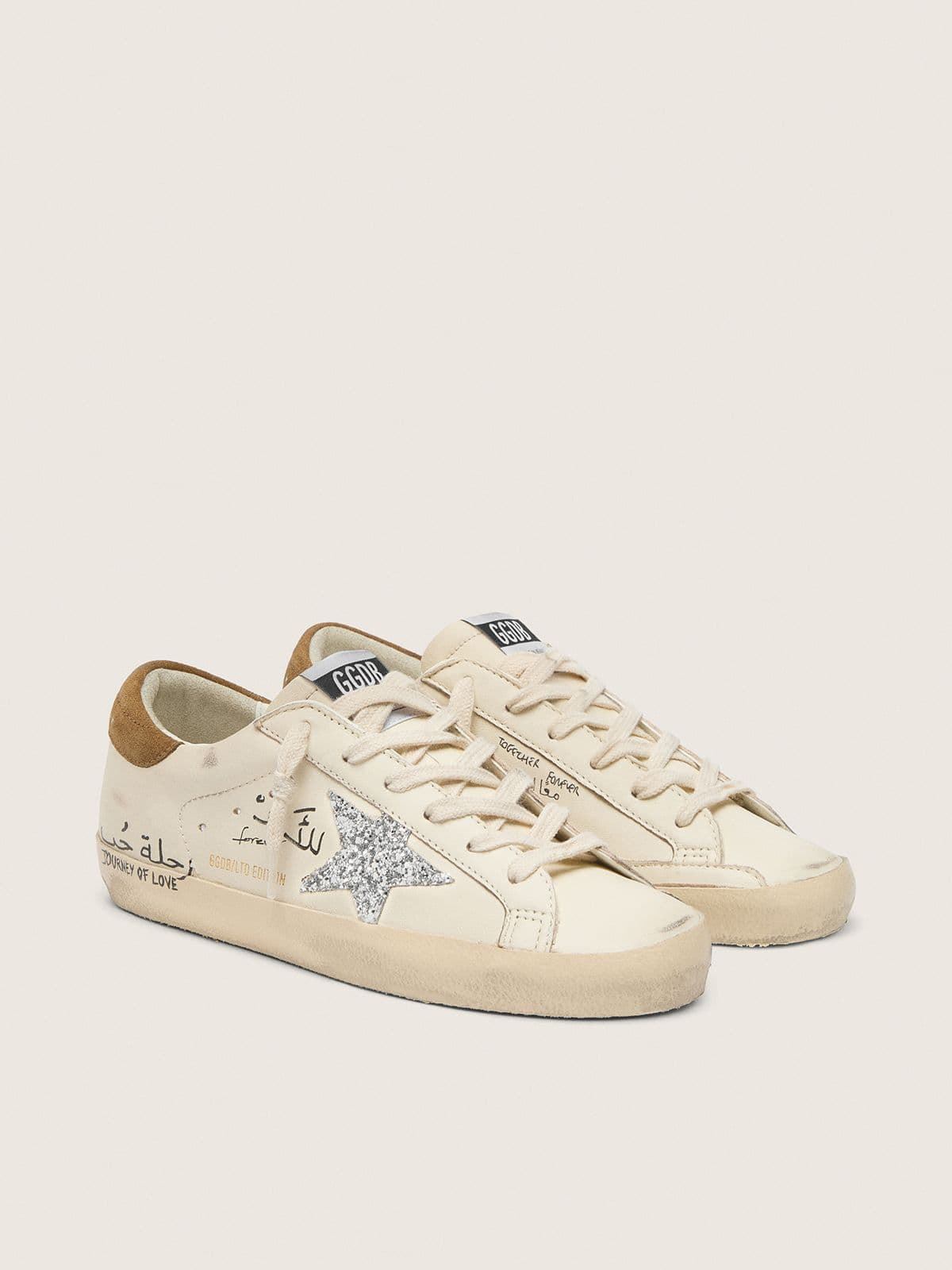 Super-Star pour femme en cuir nappa avec étoile à paillettes argentées et lettrage intégral