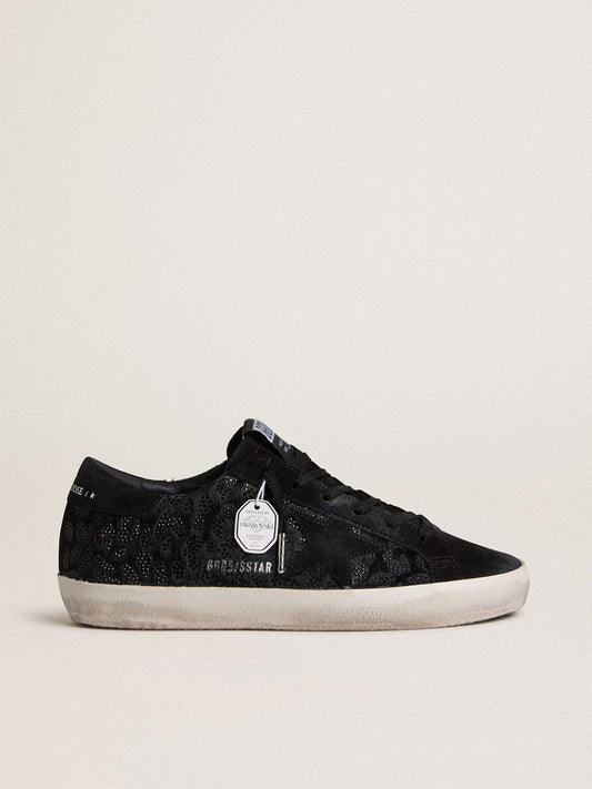 Super-Star pour femme en cuir façon poulain noir avec cristaux Swarovski noirs et étoile en daim noir
