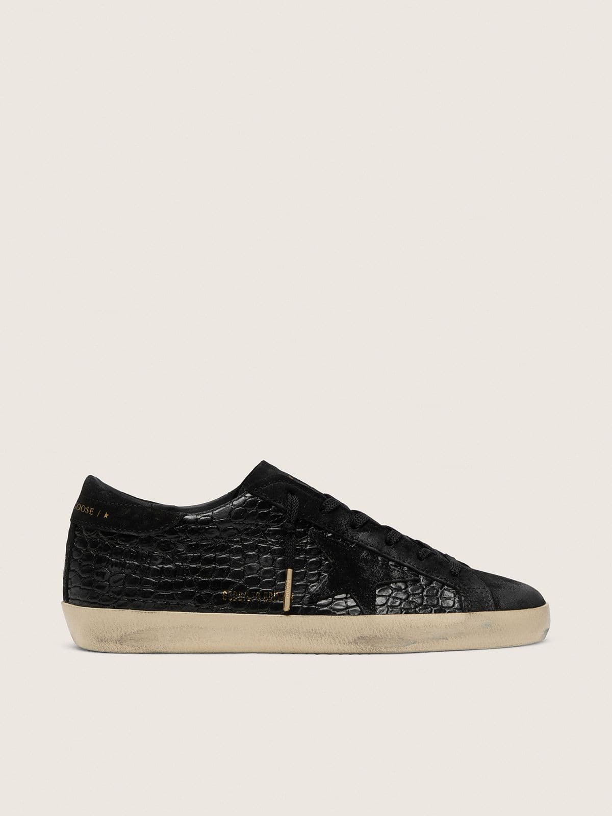 Super-Star LTD pour femme en cuir noir à imprimé croco avec étoile et contrefort en daim noir