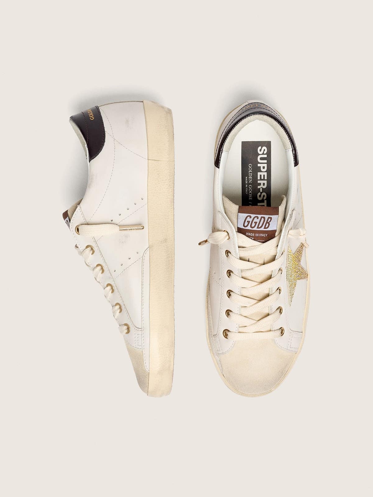 Super-Star pour femme en cuir blanc avec étoile en cristaux Swarovski dorés