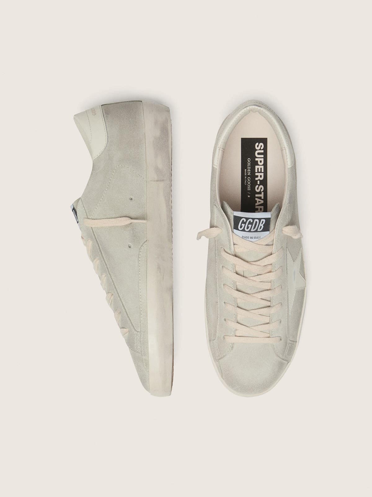 Super-Star pour femme en daim gris clair avec étoile en cuir blanc