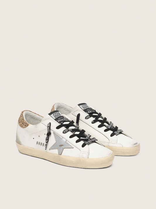 Super-Star pour femme en cuir blanc avec contrefort pailleté