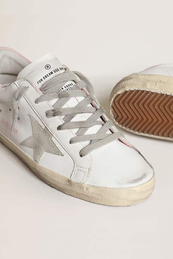 Super-Star pour femme avec étoile en daim gris et contrefort en cuir rose