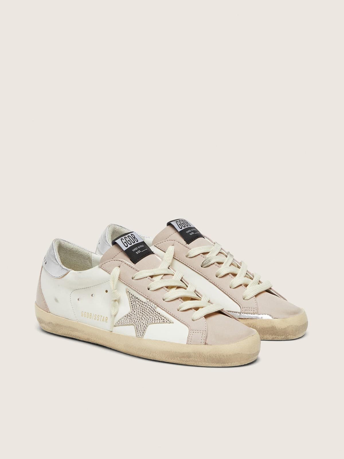 Super-Star pour femme en cuir blanc et rose poudré avec étoile en cristaux Swarovski argentés