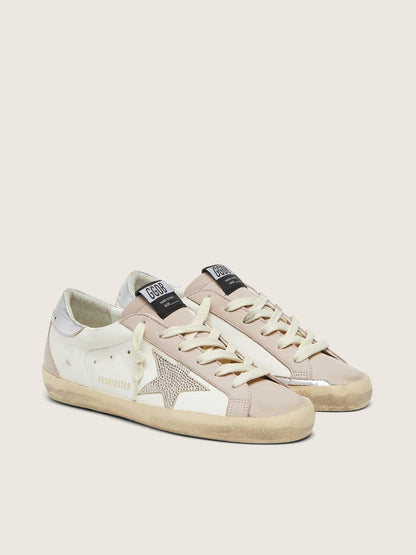Super-Star pour femme en cuir blanc et rose poudré avec étoile en cristaux Swarovski argentés
