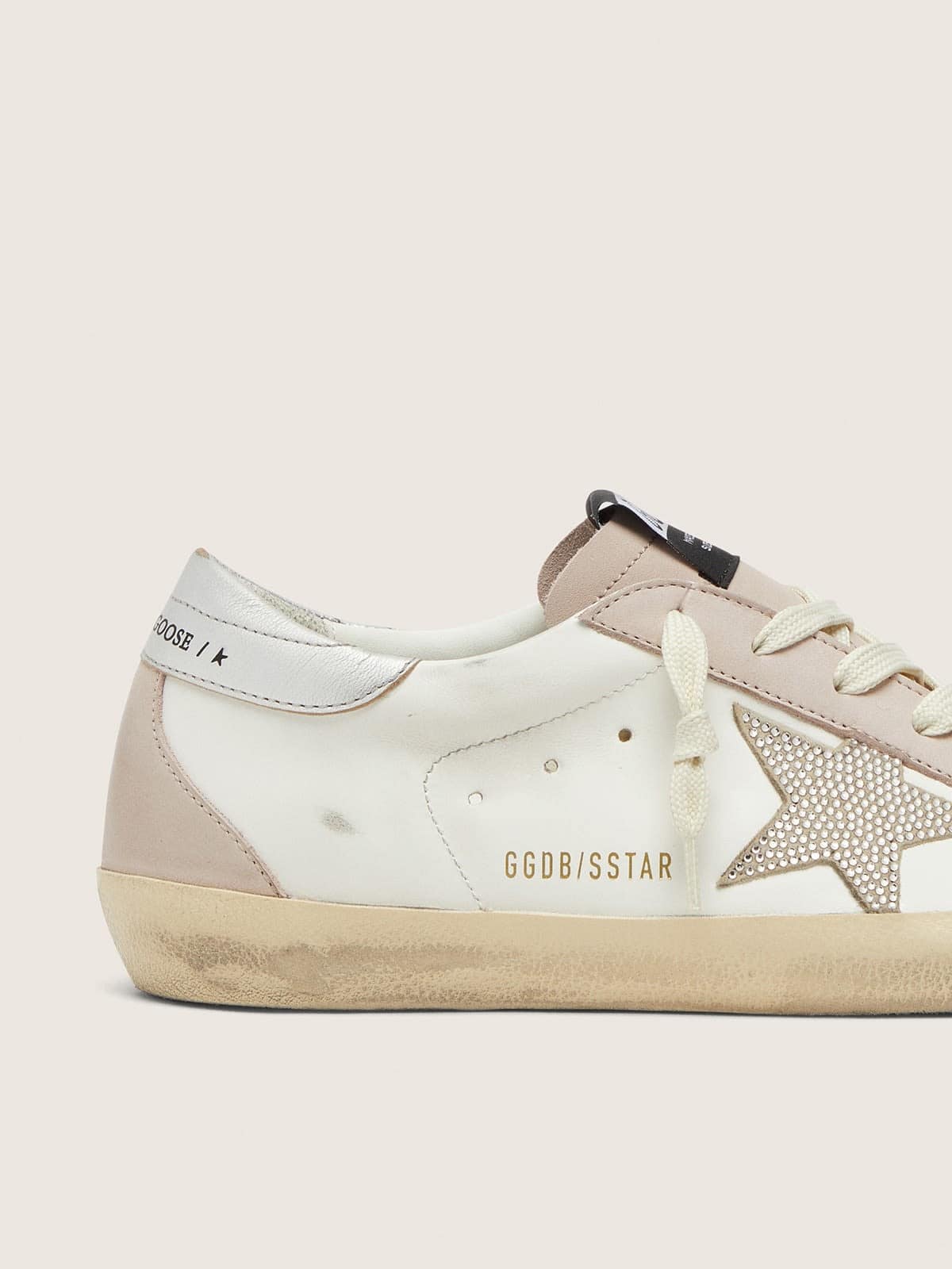 Super-Star pour femme en cuir blanc et rose poudré avec étoile en cristaux Swarovski argentés