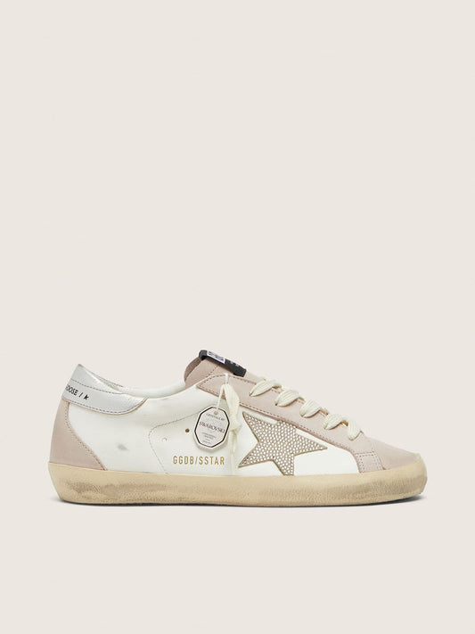 Super-Star pour femme en cuir blanc et rose poudré avec étoile en cristaux Swarovski argentés