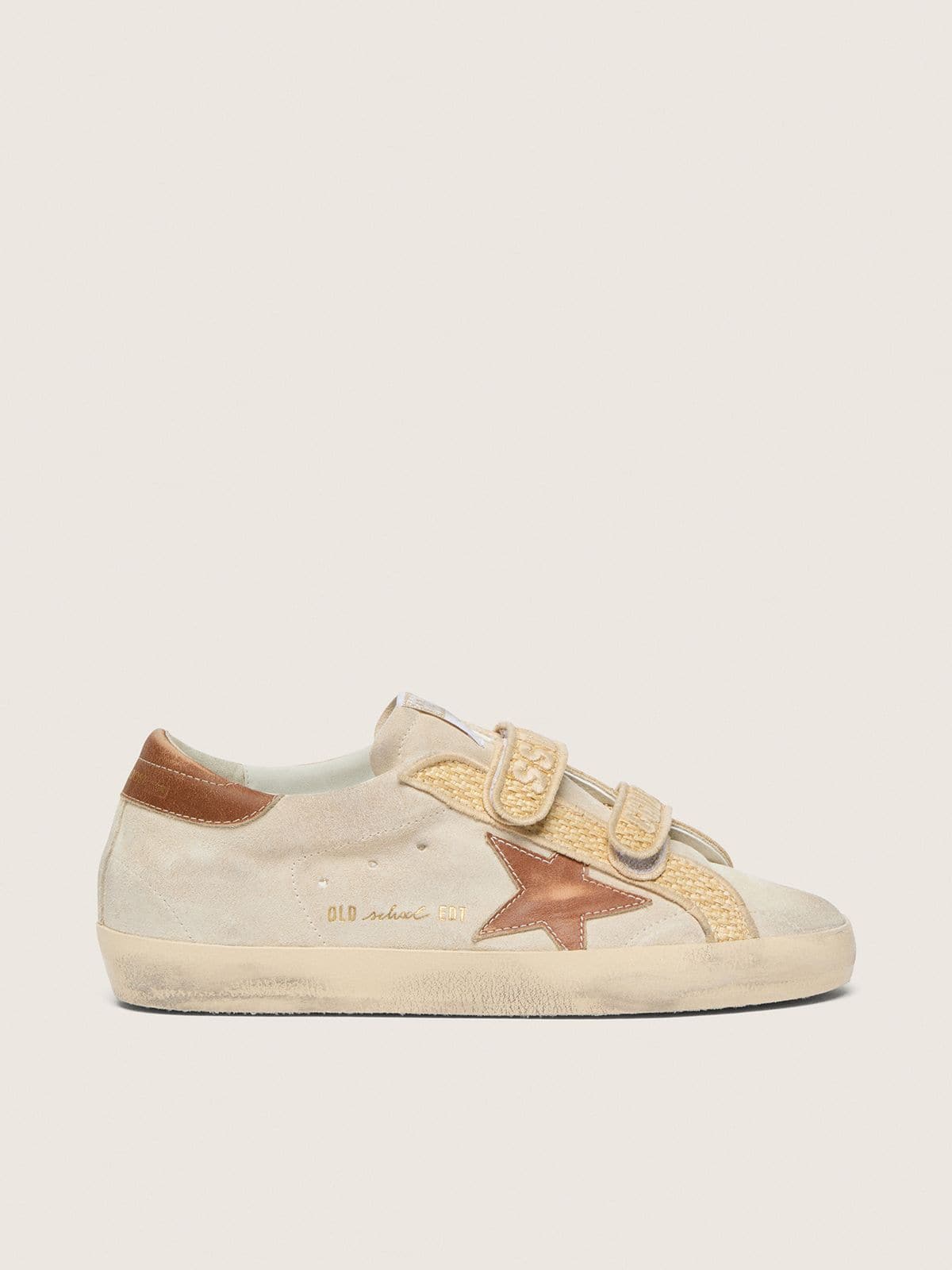 Old School pour femme en daim perle avec étoile en cuir rouge brique et sangle en raphia