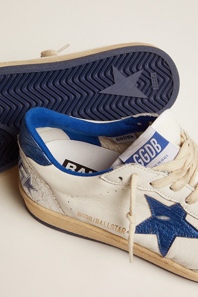 Ball Star pour femme en cuir nappa blanc avec étoile et contrefort en cuir lamé bleuet